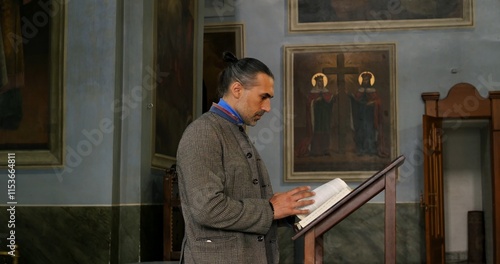 Religious leader preaches scripture with dedication, delivering sacred teachings to inspire devotion. Scene captures the essence of spirituality, religious practice, and Christian rituals.