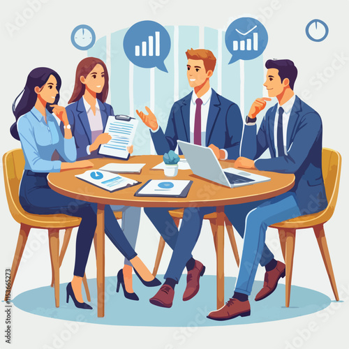 partners meeting for business discussion with documents and laptop on desk.couple at round table ,speaking ,discussing work,partnership.flat vector illustration isolated on a white background