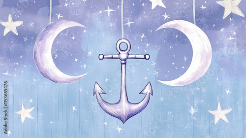 Baby lavender background design with two moons and stars and an anchor, ideal for photo inserts or print scrapbook ideas, perfect for baby shower backdrops with copy space.