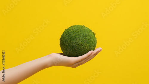 Teenager showing earth on hand, ecology and environment sustainable concept yellow background banner