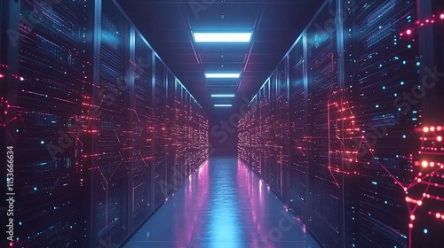A futuristic server room illuminated with vibrant blue and pink lights.