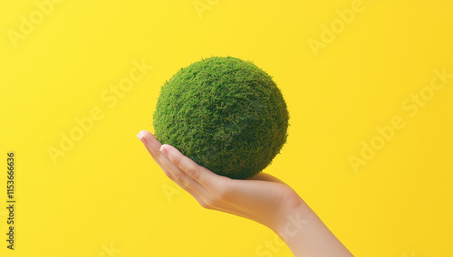 Teenager showing earth on hand, ecology and environment sustainable concept yellow background banner