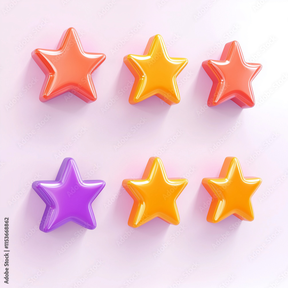 Colorful 3D Star Rating System. 3D icon on white background Colorful 3D Star Rating System. 3D icon on white background