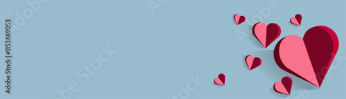 A split-color heart design with clean edges, blending warm hues of red and pink against a cool-toned blue backdrop.