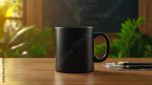 Black Mug Mockup on Wooden Desk. Generative AI photo