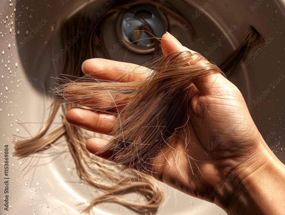 Naklejka premium Hand Holding Hair Strands Over Sink show Loss or Haircut