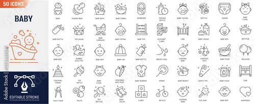 Baby care Line Icons set. Editable Stroke. Child, baby boys, family, human age, diaper, child sleeping, child care and more. Vector Illustration