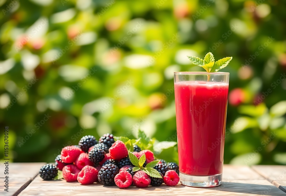 A Glass of Fresh Juice Filled With Wild Berries, Set on a Rustic Table Surrounded by Vibrant Plants in a Botanical Garden A Glass of Fresh Juice Filled With Wild Berries, Set on a Rustic Table Surrounded by Vibrant Plants in a Botanical Garden