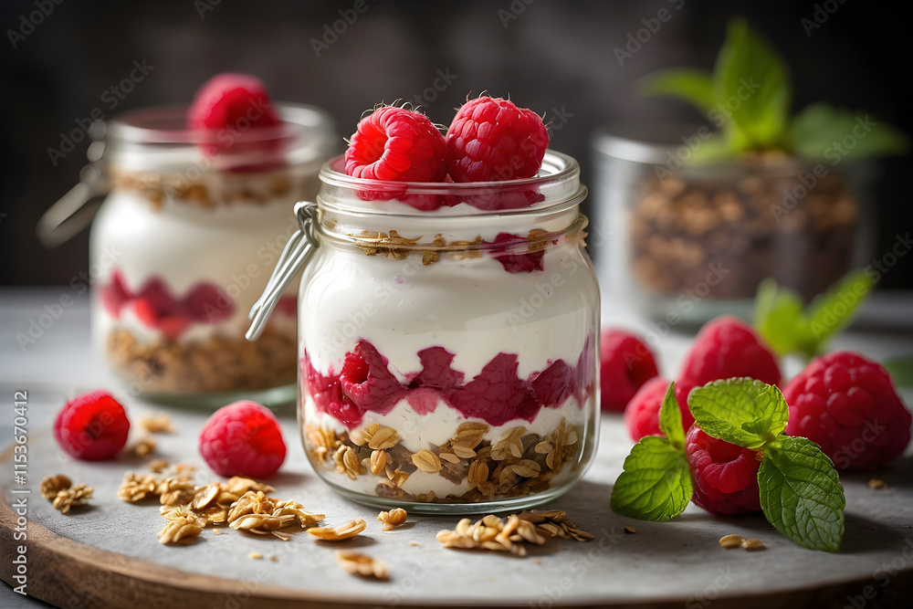 Breakfast of raspberry parfaits made with fresh fruit, yogurt and granola on a rustic white table. Breakfast of raspberry parfaits made with fresh fruit, yogurt and granola on a rustic white table.