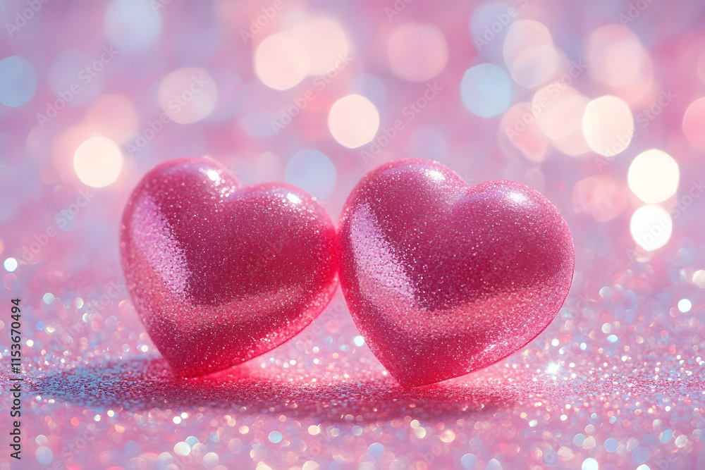 Obraz premium Two Hearts On Pink Glitter In Shiny Background - Valentine's Day Concept
