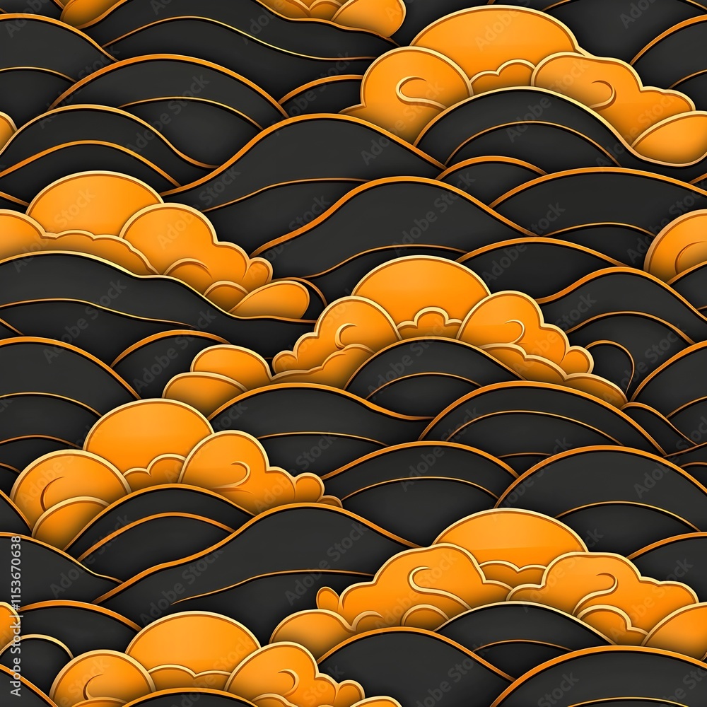 Fototapeta premium Golden Clouds and Dark Waves in a Seamless Abstract Pattern, Creating a Bold and Luxurious Design with Contrasting Colors and Fluid Lines for a Dramatic and Sophisticated Aesthetic
