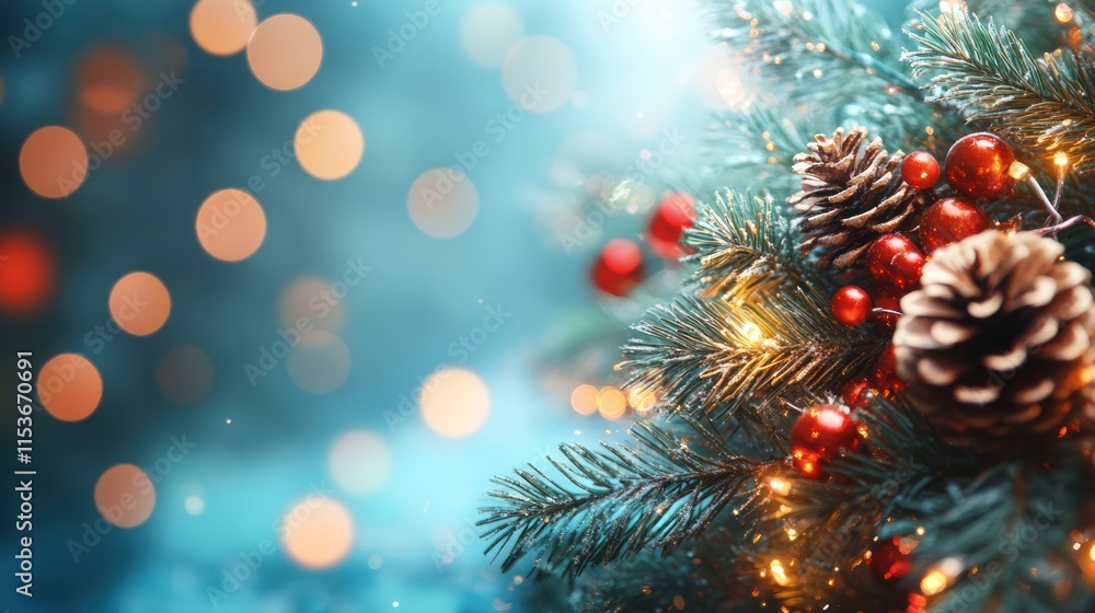 Obraz premium A festive close-up of a decorated Christmas tree branch with pine cones, red ornaments, and warm lights against a bokeh background.