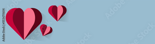 A stylized heart icon, evenly divided into dark red and pink sections, with a long shadow for a modern 3D effect. A Red paper hearts on blue background, Valentine concept