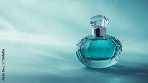 Cyan perfume bottle on blue background, close-up view.