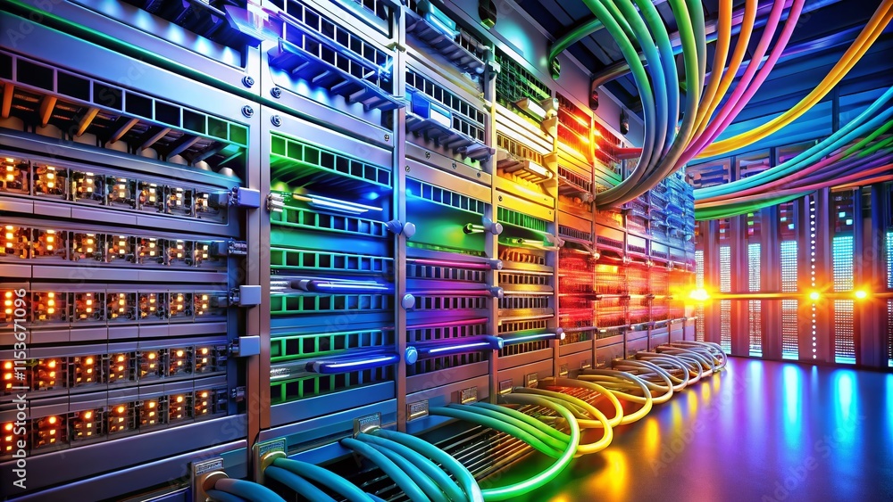 Fototapeta premium Colorful Server Rack Network Cables - Futuristic Tech
