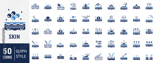 Skin Type flat icon set. hairy skin, normal skin, oily skin, spf, uv, and More. Vector illustration