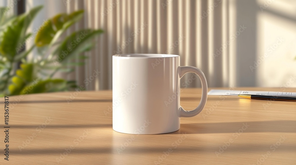 White Mug Mockup on a Wooden Desk with Indoor Natural Light. Generative AI White Mug Mockup on a Wooden Desk with Indoor Natural Light. Generative AI