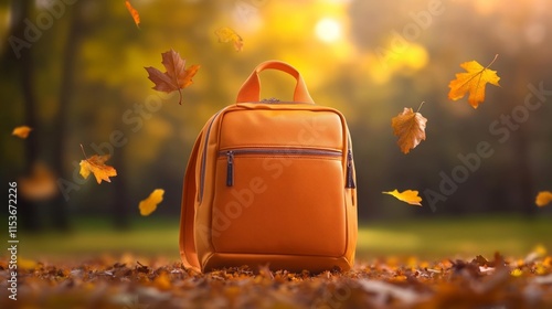 Orange Backpack in Autumn Park with Falling Leaves. Generative AI photo