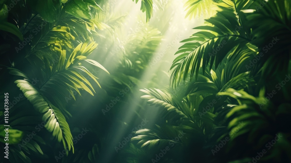 Obraz premium A serene jungle scene with sunlight filtering through lush green foliage, creating a tranquil atmosphere.