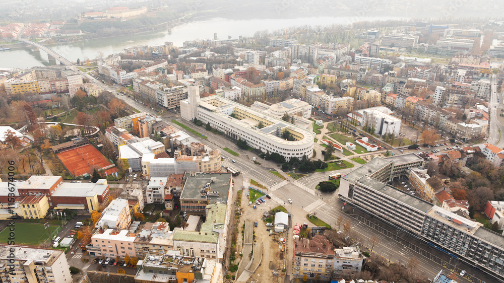 Fototapeta premium Aerial shot of the cityscape of Novi Sad in Serbia