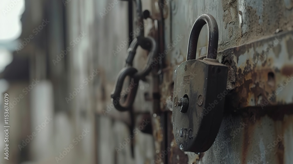 Close-up of a rusty padlock on a metal chain symbolizing security and weapon prohibition, set against a concrete wall background. Close-up of a rusty padlock on a metal chain symbolizing security and weapon prohibition, set against a concrete wall background.