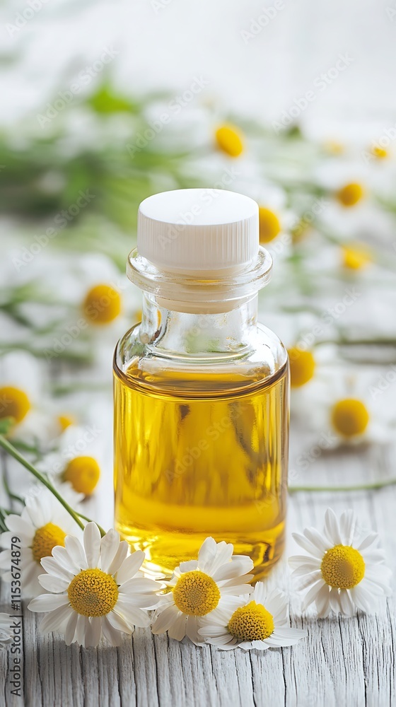 Chamomile essential oil in a small glass bottle. Selective focus. nature. chamomile flowers on a wooden table Chamomile essential oil in a small glass bottle. Selective focus. nature. chamomile flowers on a wooden table