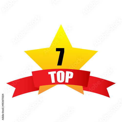 Number seven star. Top 7 in yellow. Red ribbon below. Bright award icon.
