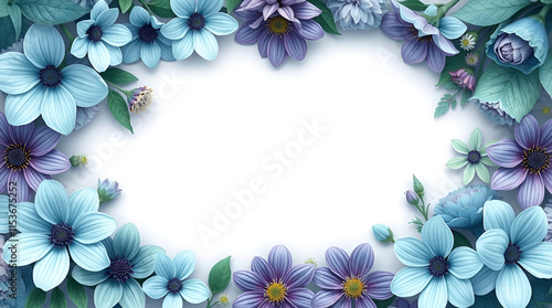 Overhead bird's-eye view of a flower border with copy space, top-down perspective. Cool color palette featuring blues, greens, and purples. Smooth, p photo