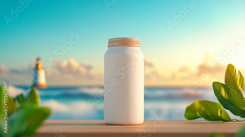 Paper milk packaging mockup with a coastal background. Generative AI