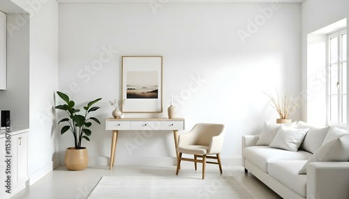 A minimalist living room with a white wall, a wooden console table, a framed landscape artwork, a beige armchair, and a white sofa