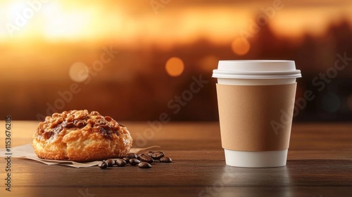 Coffee Cup and Pastry on a Wooden Table. Generative AI photo