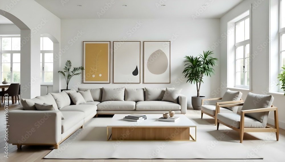 A modern, minimalist living room with a large gray sectional sofa, a wooden coffee table, and abstract art prints on the walls. A modern, minimalist living room with a large gray sectional sofa, a wooden coffee table, and abstract art prints on the walls.