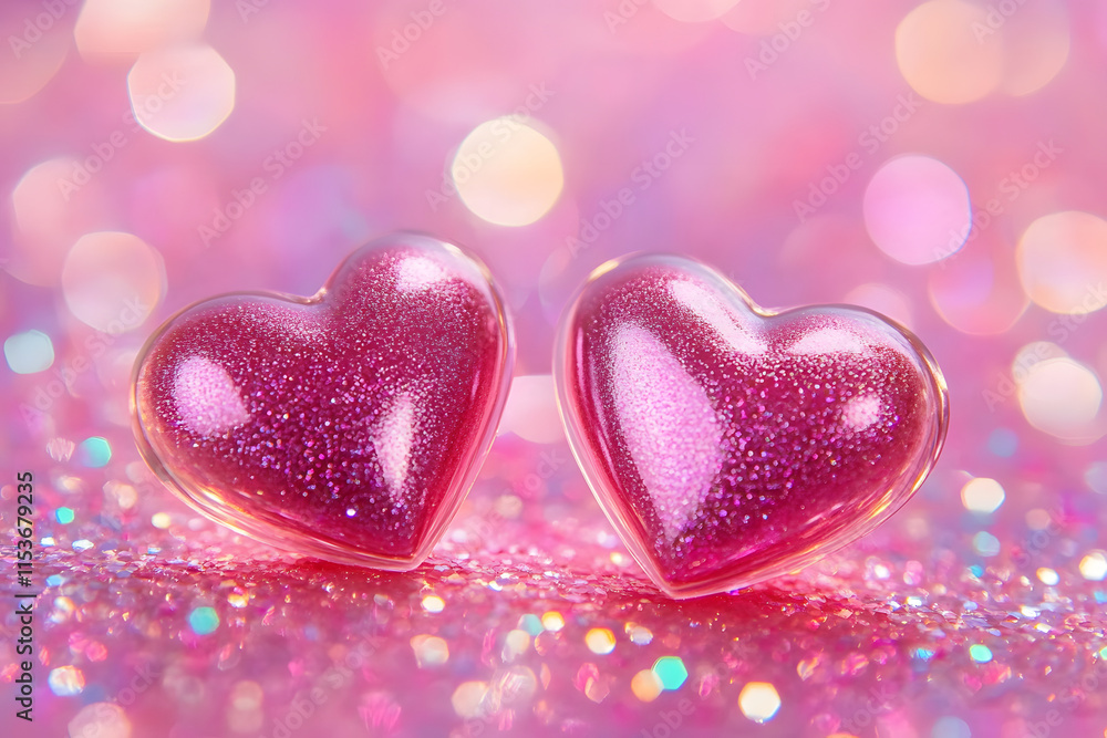 Obraz premium Two Hearts On Pink Glitter In Shiny Background - Valentine's Day Concept