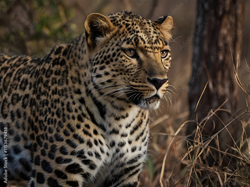 A leopard, focusing on its beautiful and distinctive spots and how they help it in hunting and survival. A leopard, focusing on its beautiful and distinctive spots and how they help it in hunting and survival.
