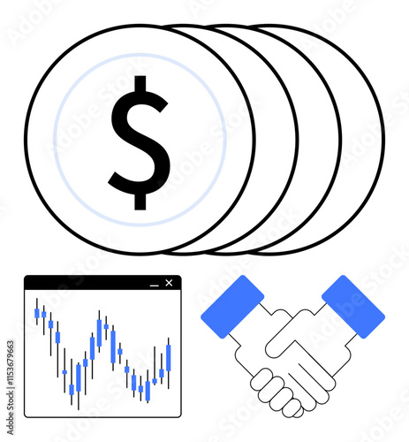 Stacked coins with dollar sign, stock market graph showing price fluctuations, and handshake. Ideal for finance, investment, partnerships, business deals, economic growth teamwork trust. Line