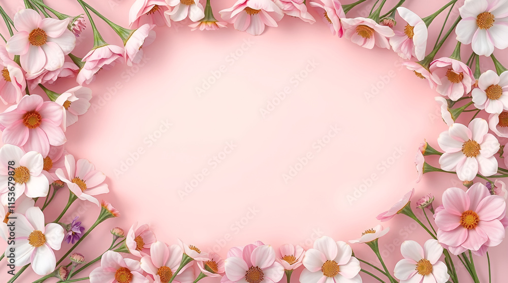 Soft pastel colors create a gentle, soothing aesthetic in this overhead, bird's eye view image. A flower border surrounds ample copy space, shot Soft pastel colors create a gentle, soothing aesthetic in this overhead, bird's eye view image. A flower border surrounds ample copy space, shot