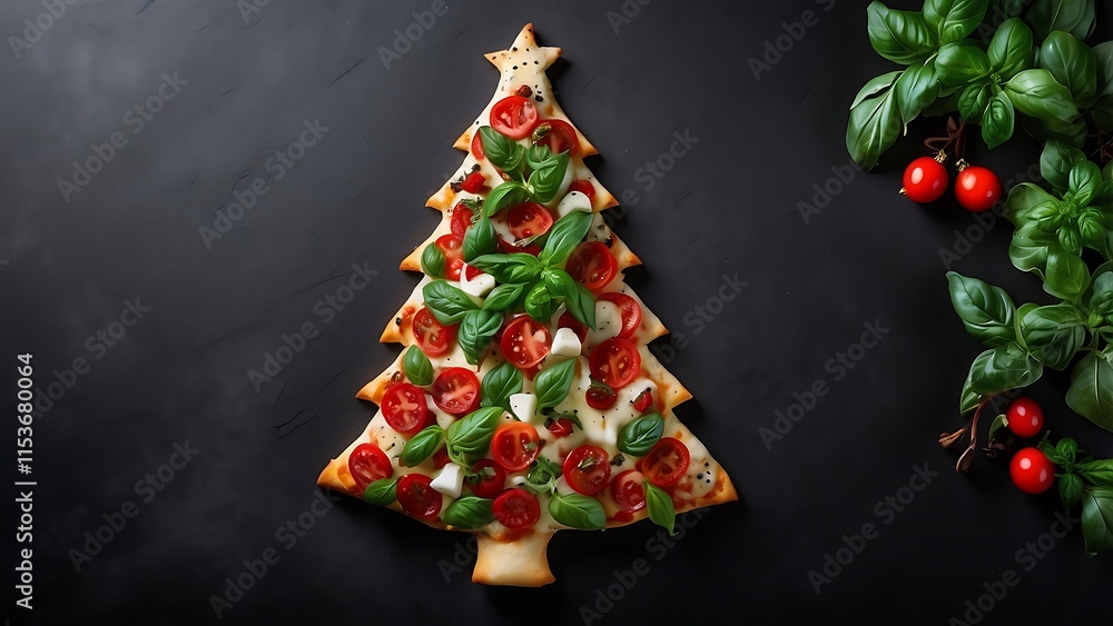 Pizza in the shape of a Christmas tree with ornaments and basil on a black background Pizza in the shape of a Christmas tree with ornaments and basil on a black background