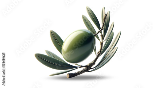 Isolated olive. Green olive fruit with leaves on a branch isolated on white background with clipping mask.