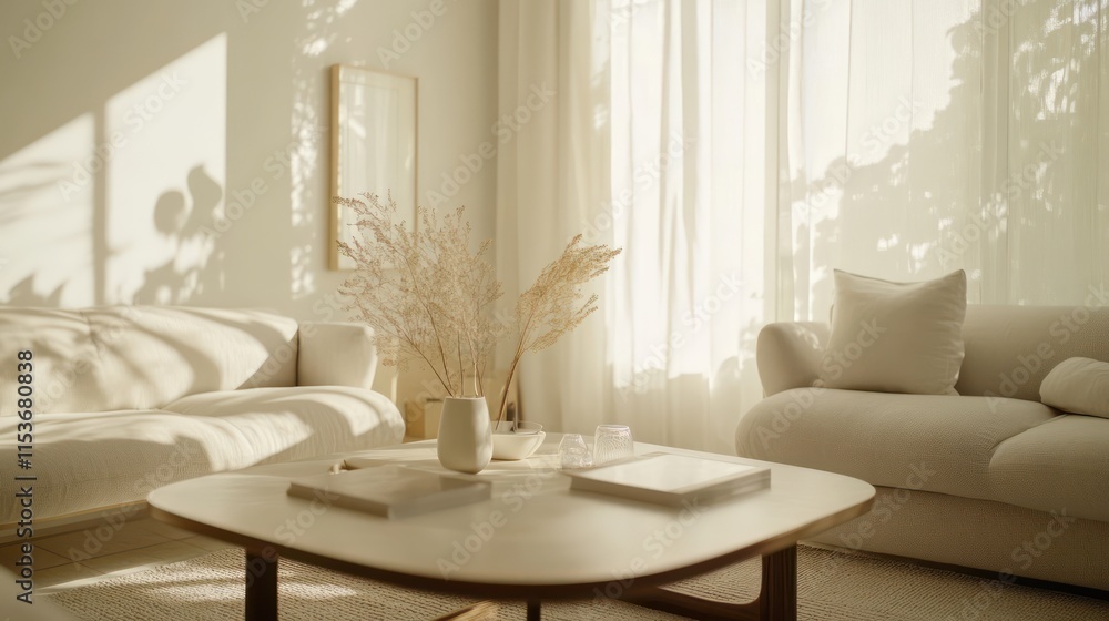 A bright minimalist living room with soft neutral tones, airy decor, and a sleek coffee table centerpiece A bright minimalist living room with soft neutral tones, airy decor, and a sleek coffee table centerpiece