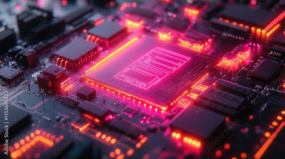 Glowing CPU on a circuit board. Glowing CPU on a circuit board.