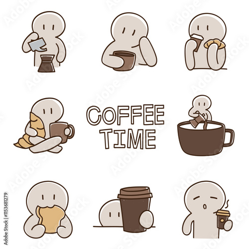 Cute Coffee Time Characters with Croissant and Drinks