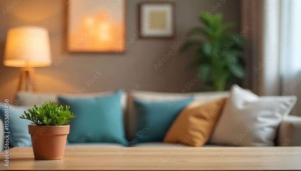 Naklejka premium A cozy living room with a wooden table in the foreground, a green plant, and blurred cushions on a sofa in the background