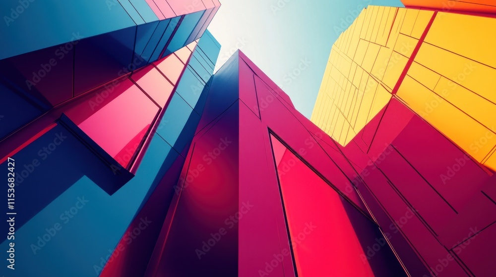 Obraz premium A vibrant, abstract view of tall structures with bold colors, emphasizing geometric shapes and light.
