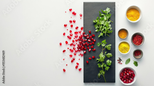 A meticulously styled food composition featuring ruby-red pomegranate seeds, lime-green herbs, small bowls of vibrant yellow and red spices, and a sleek dark serving board. Bright and sharp against a  photo