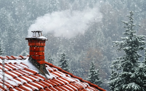 Close-up of red roof tiles covered in a light dusting of snow, with a rustic chimney releasing a gentle wisp of smoke, set against a winter forest in the mountains  photo