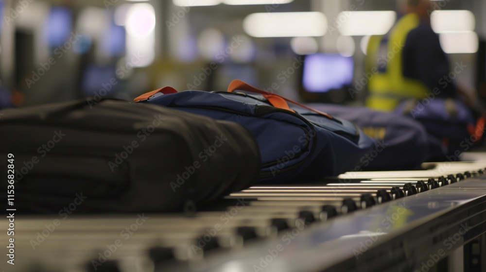 Close-up of traveler placing bag on conveyor belt at airport security checkpoint, showcasing meticulous security process with focus on bag and conveyor belt. Close-up of traveler placing bag on conveyor belt at airport security checkpoint, showcasing meticulous security process with focus on bag and conveyor belt.