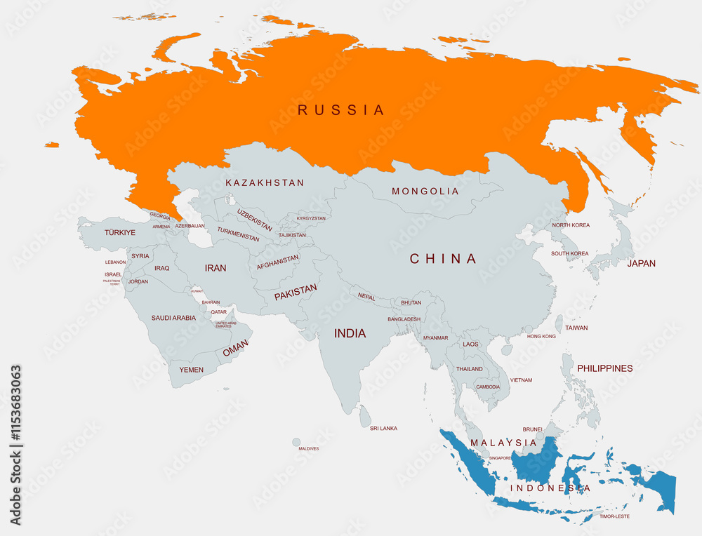 Obraz premium A detailed illustration of Asia showing country borders with Russia highlighted and indonesia, emphasizing regional geographical differentiation