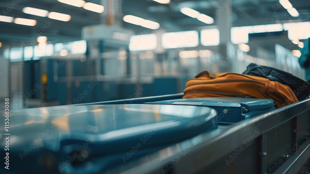Close-up of traveler placing bag on conveyor belt at airport security checkpoint, showcasing meticulous security process with focus on bag and conveyor belt.