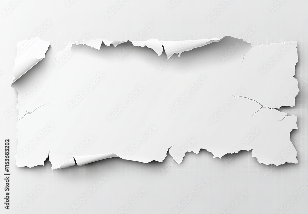 Torn white paper with ragged edges and curled corners on a light gray background. Torn white paper with ragged edges and curled corners on a light gray background.
