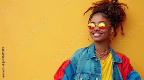 A girl in glasses and dressed in bright clothes of the 90s on a yellow background. Retro
